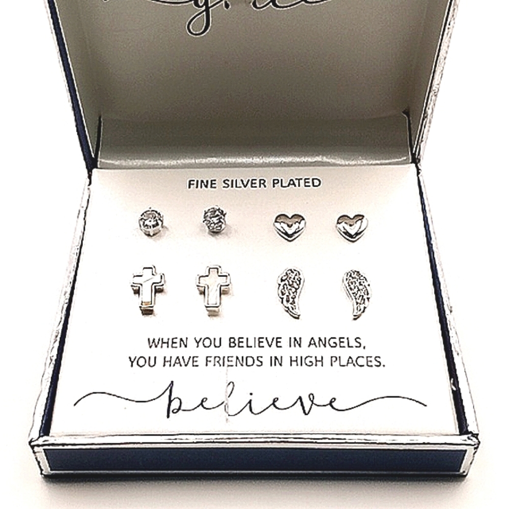 Womens Gratitude and Grace Solitaire Heart Cross And Wing Earring Bundle